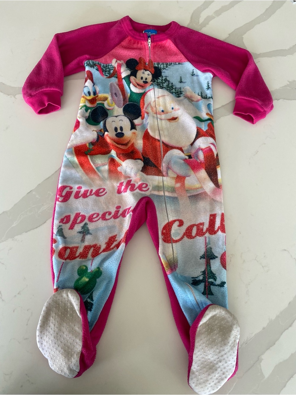 Vtg Disney Mickey 2T Pink Fleece Zip Footed One-Piece Christmas holiday Pajamas